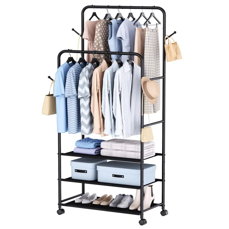 Whitmor Double Rod Clothes Rack Metal Rolling Clothing Racks for Hanging Clothes, Heavy Duty Garment Rack with 3 Shelves, Portable Clothes Organizer for Bedroom, Laundry, Living Room, Black