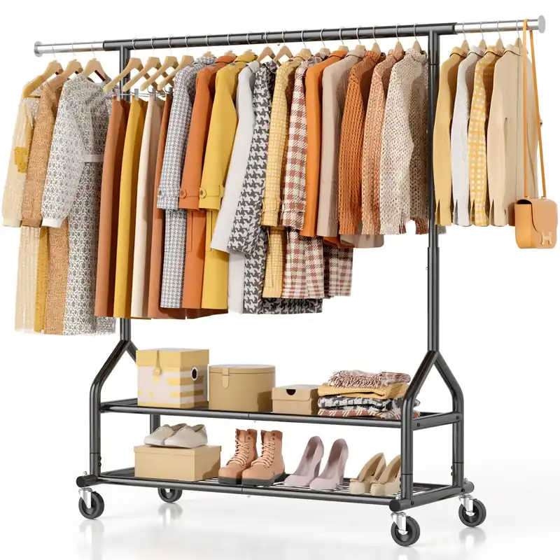 EAGMAK Heavy Duty Clothes Rack Load 556 LBS, Rolling Clothing Rack With Shelves, Height Adjustable Metal Clothes Hanger with Wheels Portable Wardrobe Organizer Garment Rod for Hanging Clothes (Black)