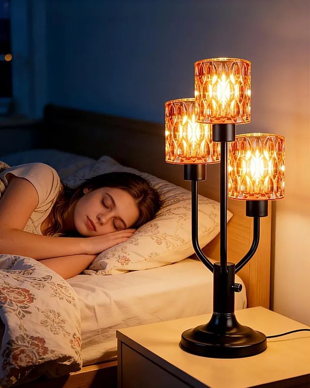 Lightdot Modern Glass Table Lamp Dimmable Mid Century 3-Light Black Desk Lamp with Rose Red Glass Shade& Bulb Included 3000K Warmwhite Nightstand Lamp for Bedroom Bedside End Table