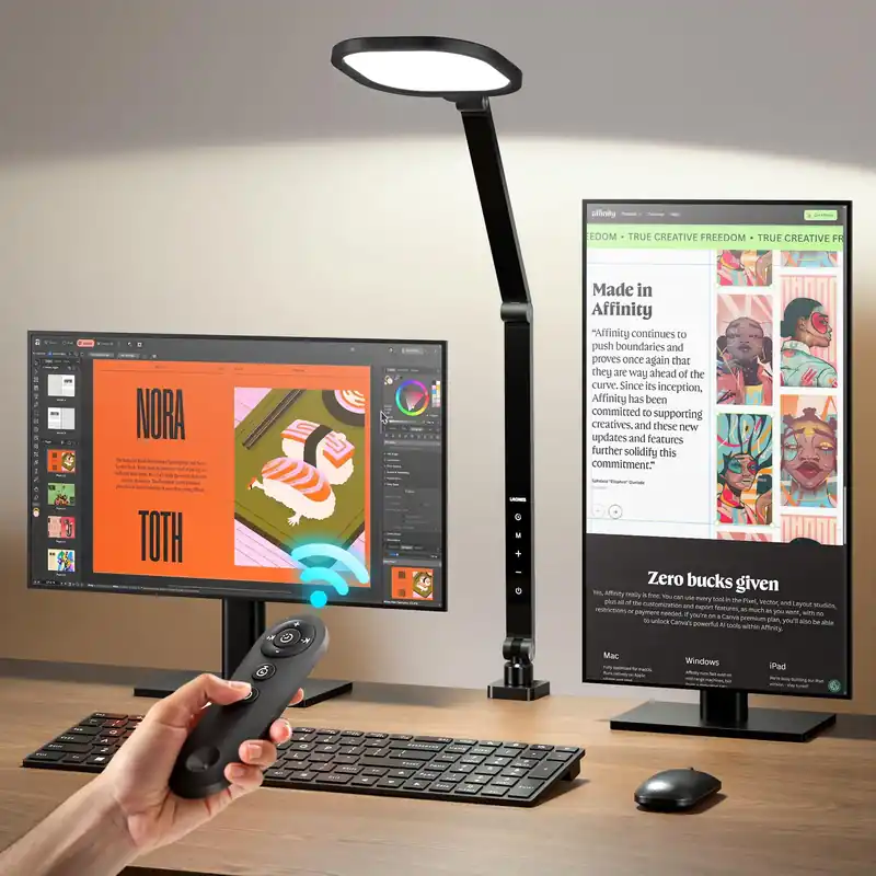 LitONES Desk Lamp with Clamp for Home Office, 2000LM, 15W, CRI >97.8 Zoom Lighting for Video Calls, 3 Colors & 10 Brightness, Remoted Desk Light with Memory & Timer