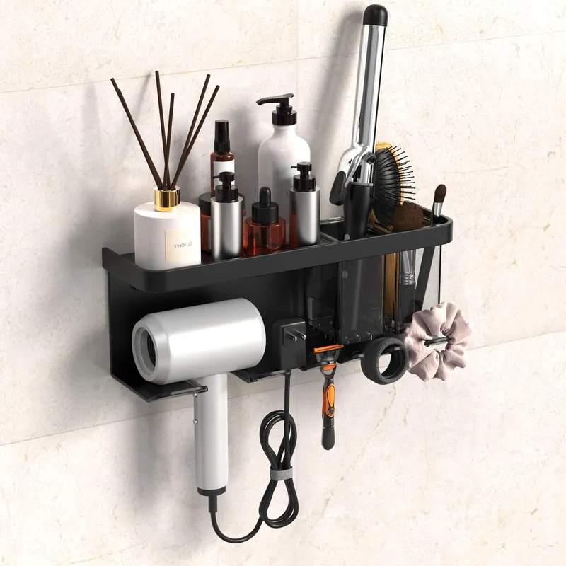 YIHOFLO Hair Dryer Holder Wall Mounted Adhesive/Drilling, Hair Dryer Storage Organizer with Shelf & Hooks for Bathroom, Blow Dryer Holder, Hair Tool Organizer (Black)