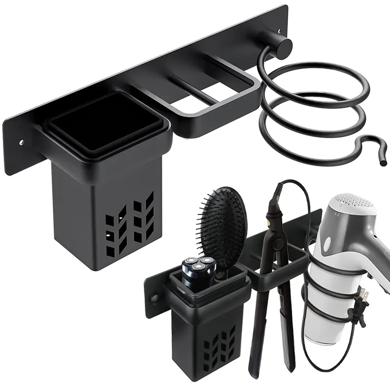 Hair Dryer Holder Wall Mounted, Blow Dryer Rack Holder, Bathroom Bedroom Hair Styling Beauty Care Tools Organizer Storage Basket for Flat Iron, Curling Wand, Hair Straightener (Black)