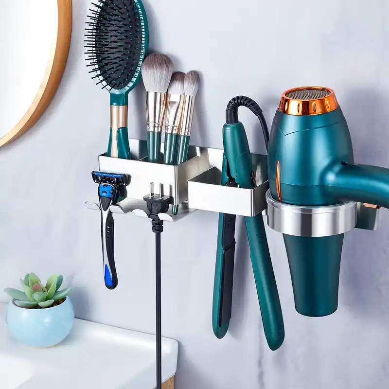 Oukimly Hairdryer Holder Wall Mounted Hair Straightener Holder, Blow Dryer Holder, Metal Hair Tool Organizer for Straighteners, Hair Dryer, Brush, Curling Iron (Silver)