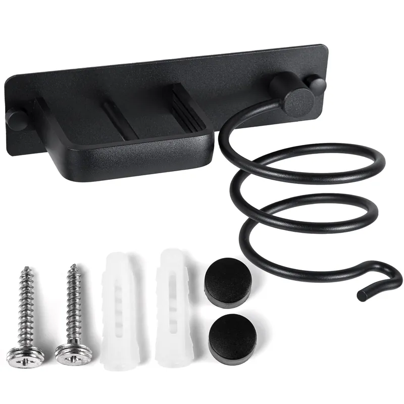 YUET Hair Dryer Holder Hairdryer Station Wall Mounted Spiral Shelf Bracket Stand Hanger Straightener Organizer Blow Storage with Holes Rack for Bathroom Aluminum Professional (Black)