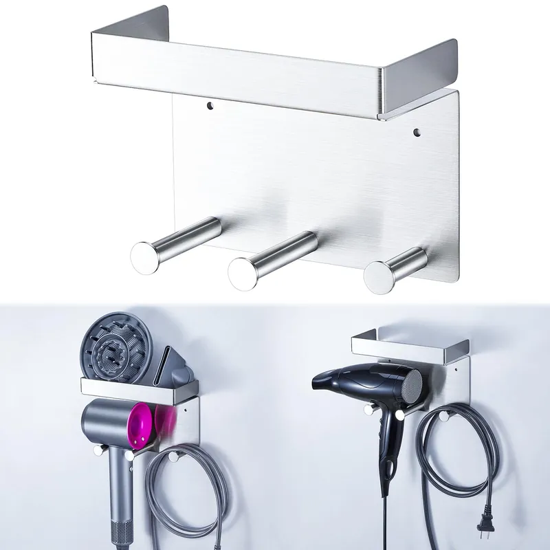 Hair Dryer Holder Wall Mounted, Stainless Steel Blow Dryer Holder for Attachments Storage, Hair Tool Organizer with Plug&Cord Hook, Adhesive Hairdryer Hanger for Bathroom, Silver