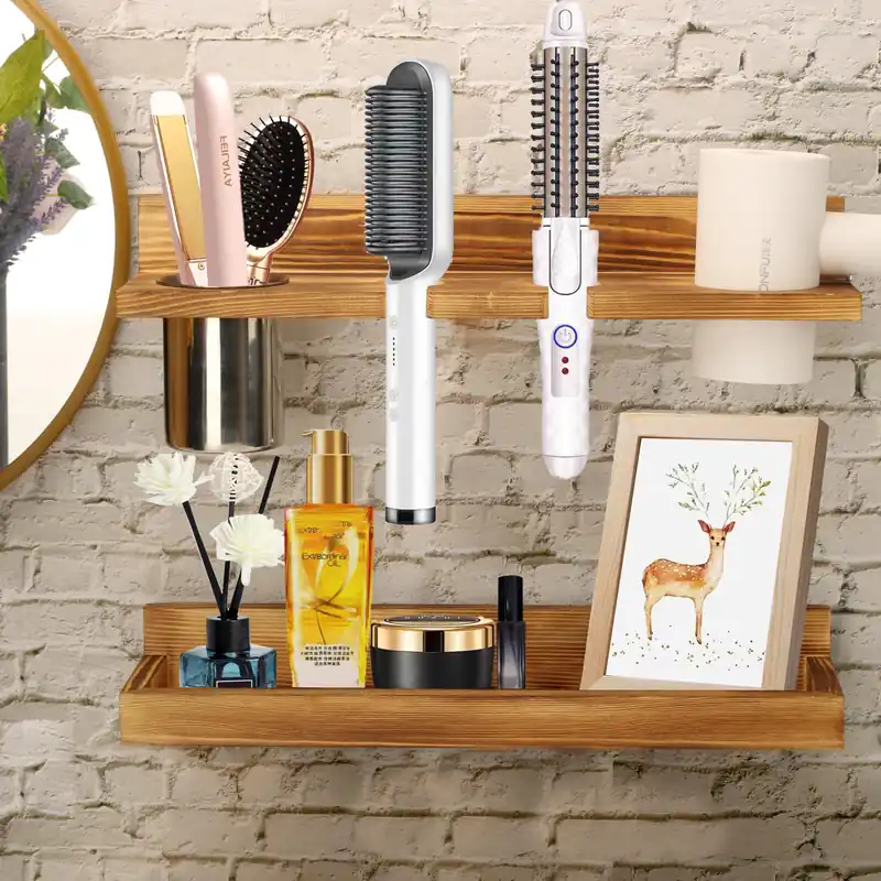 MRPAPA Hair Tool Organizer Wall Mount,2 Layer Rustic Blow Dryer Holder, Wooden Bathroom Organizer Storage Shelf for Hair Tools, Curling Iron, Hot Tools