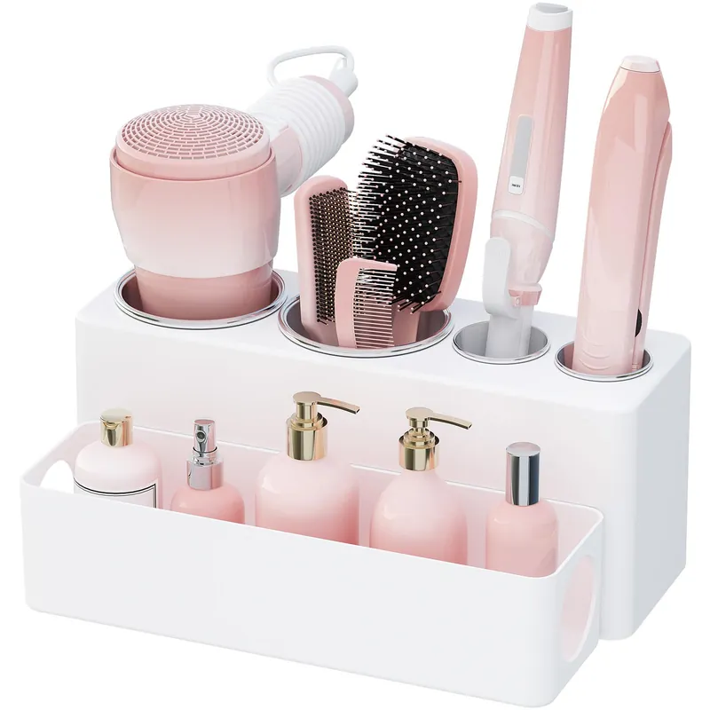 Lifewit Hair Tool Organizer Countertop, Removable Blow Dryer Holder for Bathroom, Acrylic Hot Tools Organizer Storage for Curling Iron, Brush, Straightener, 4 Stainless Cups, White, 30 cm/12 inch(L)