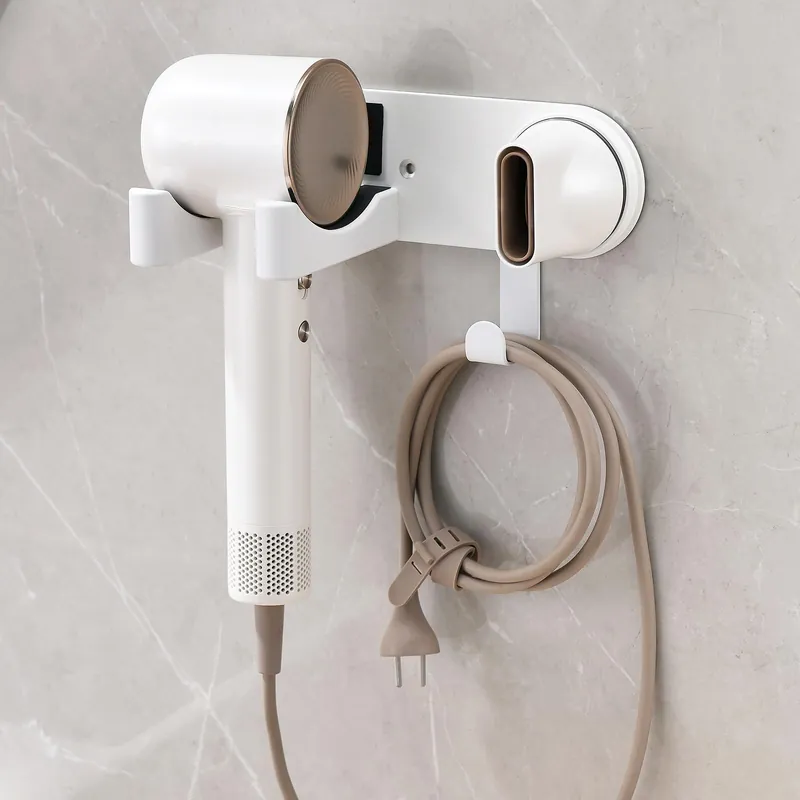HAVICATO White Hair Dryer Holder, Wall-Mounted Blow Dryer Holder, Adhesive Hair Dryer Organizer with Cable Storage, Hair Dryer Cradle for Bathroom Vanity, Aluminum&ABS