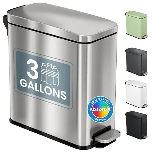 3 Gallon Small Wastebasket for Bathroom with Lid, Deodorizer, Soft-Step Stainless Steel Slim Garbage Bin