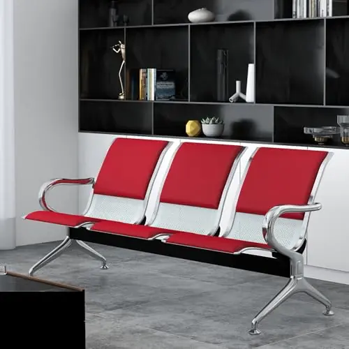 3-Seat PU Leather Waiting Room Bench – Red Reception Chair for Office, Hospital, Bank