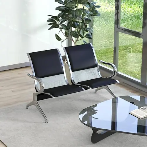 2-Seat Waiting Room Bench - PU Leather Waiting Room Chairs with Arms & Non-Slip Foot Mats