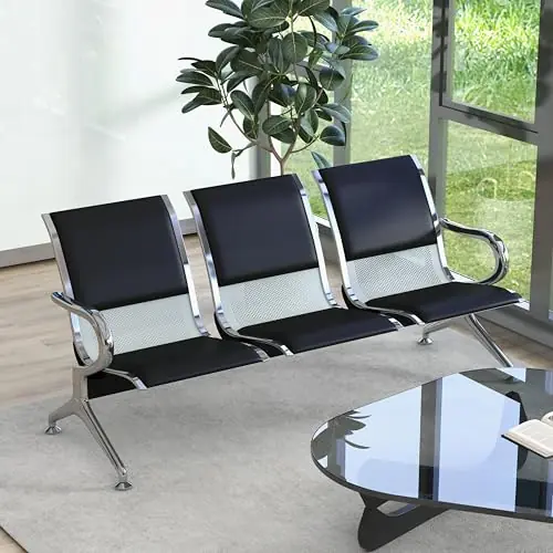 3-Seat Waiting Room Bench - PU Leather Waiting Room Chairs with Arms & Non-Slip Foot Mats