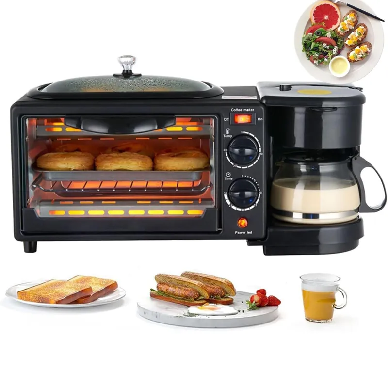 HEQIM Portable Oven Breakfast Maker, 3-in-1 Breakfast Maker Station with Coffee Machine, Non-Stick Pan, Toaster Oven, 30-Min Timer