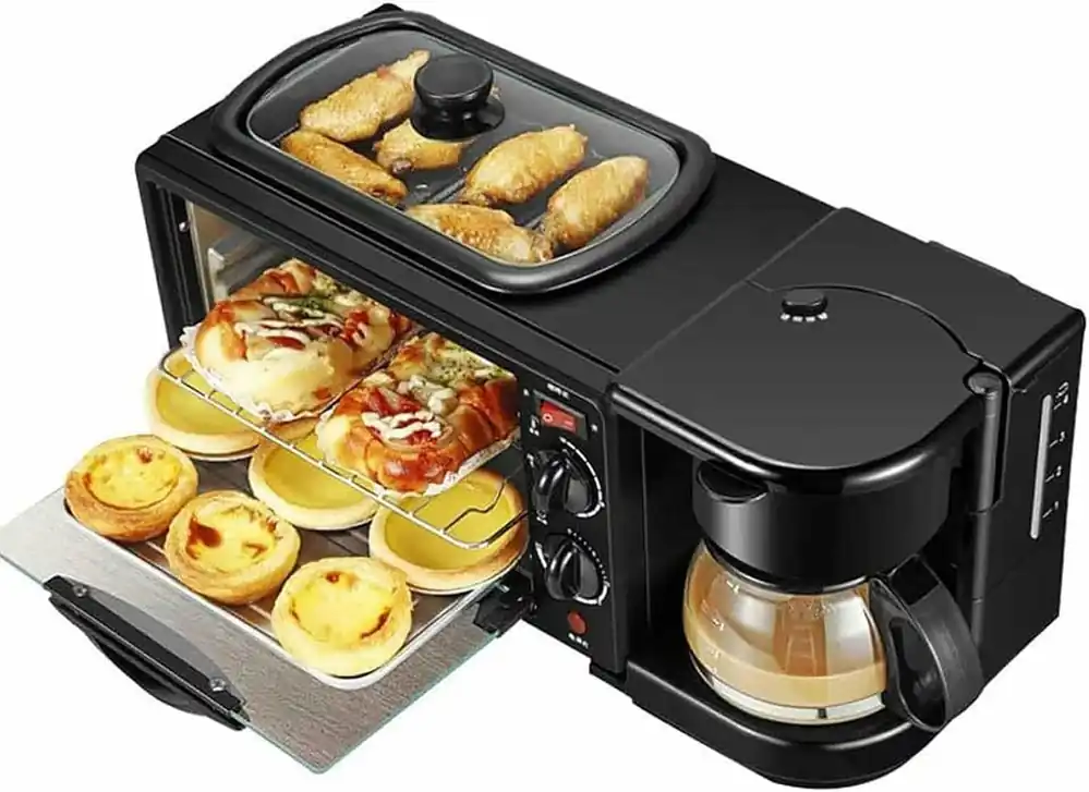 3-In-1 Breakfast Station, Includes Coffee Maker, Non-Stick Griddle, And 4-Slice Toaster Oven, Multi-Functional Cooking Machine for Apartments Kitchenettes