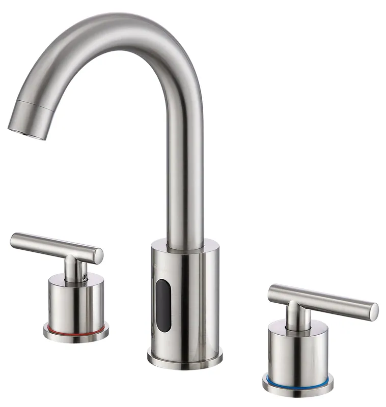 Charmingwater Touchless Bathroom Faucet for 3 Hole, 8 Inch Widespread Hands Free Bathroom Faucet with Automatic Sensor, 2-Handle Basin Mixer Vanity Taps with 360° Swivel Spout, Brushed Nickel