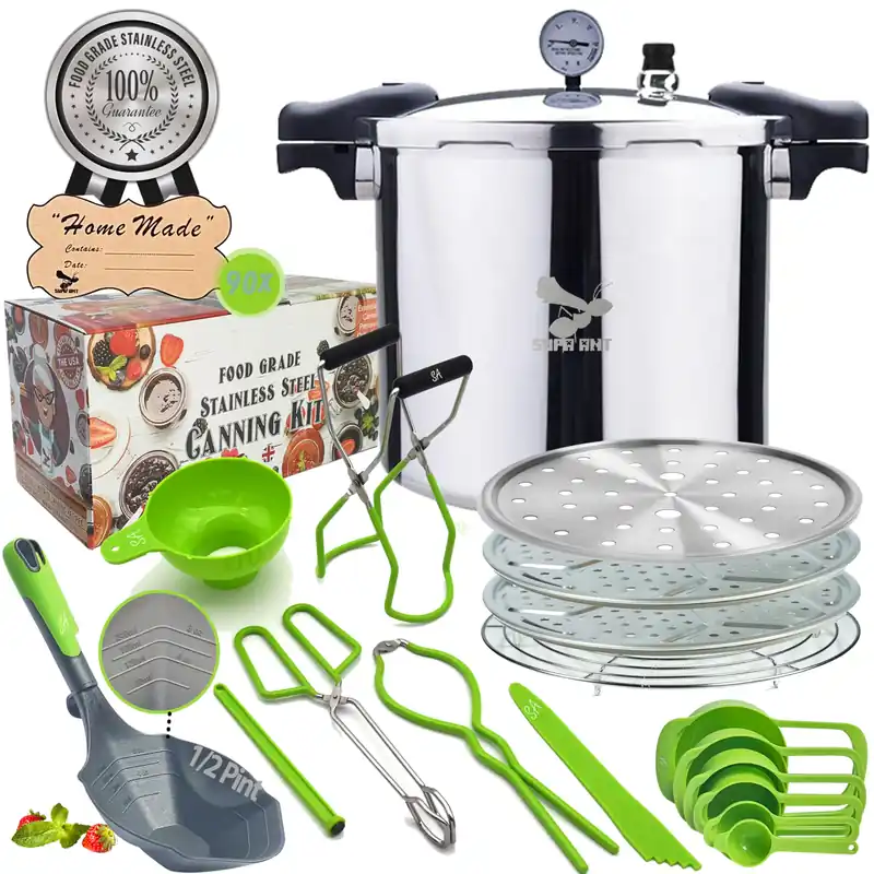 Supa Ant Pressure Canner 23 Qt with Canning Supplies Starter Kit - Canning Pressure Cooker with Gauge - Water Bath Canner Pot with Rack and Lid - Jar Lifter, XL Ladle, Jar Tongs, and Bubble Popper