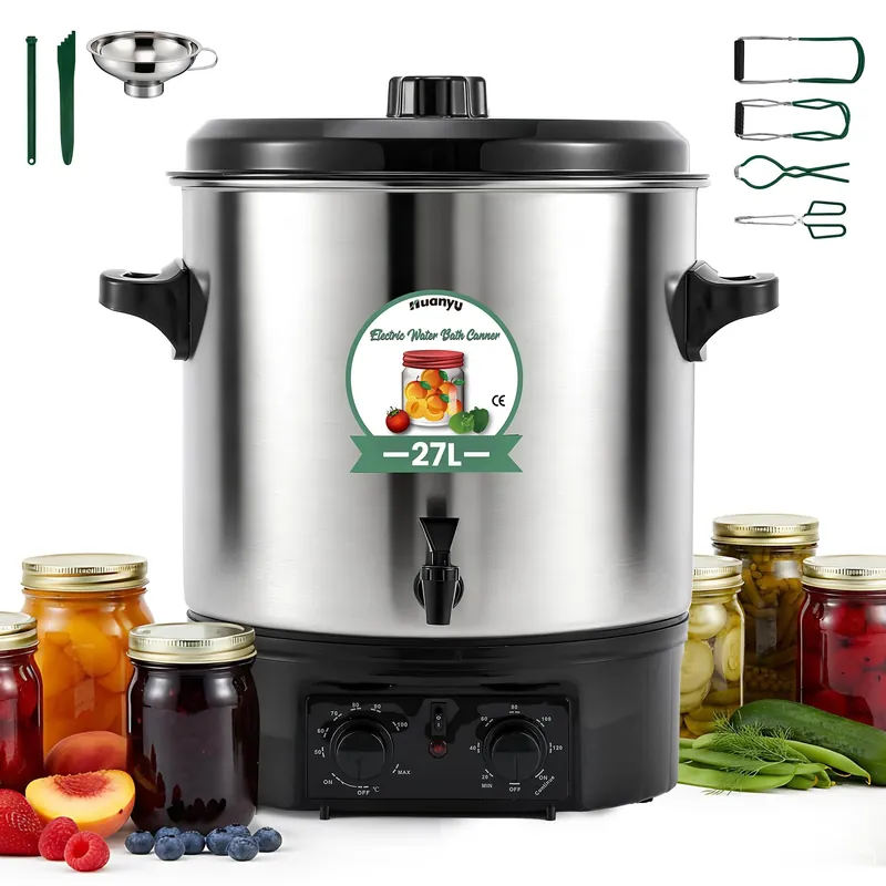 Huanyu Electric Water Bath Canner Automatic 28.5QT Large Canning Pot 2000w Adjustable Temp&Timer with Drain Tap Includes Jar Lifter, Funnel for Preserving Canned Food, Jam, Sauce, Soup Homeuse
