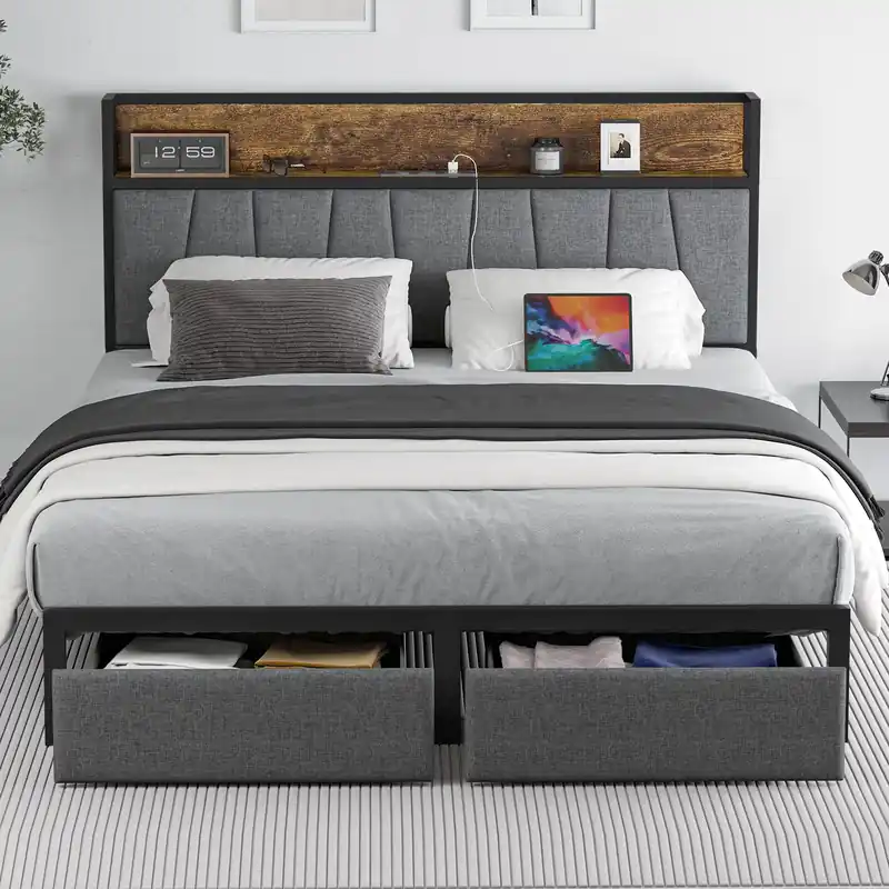 CIKUNASI Queen Size Bed Frame with Headboard and Storage, Drawers Platform Bed Frame with Storage Chargin Station LED Light Bedframe, Heavy Duty, No Box Spring Needed