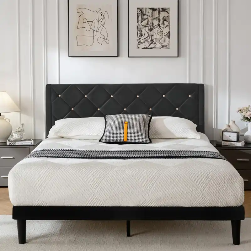 Queen Bed Frame with Headboard, Bed Frame Queen Size with Sturdy Wooden Slats Support, Platform Frame with Velvet Upholstered Headboard, Mattress Foundation, Easy Assembly, No Box Spring Needed Black