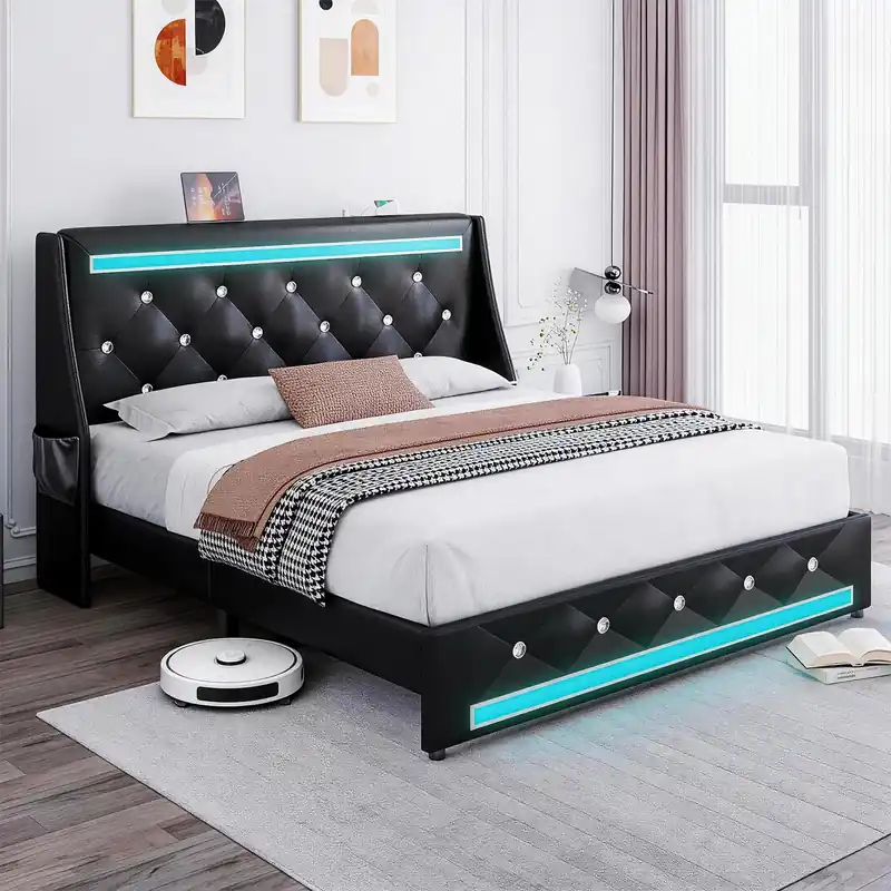 Holiway Full Size Bed Frame with LED Lights and Charging Station, Wingback Upholstered Headboard with Diamond Tufted, Solid Wooden Slats Support, Noise-Free, Easy Assembly, Black