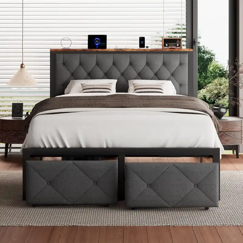 iPormis Full Bed Frame with 2 Storage Drawers, Linen Upholstered Headboard Platform Bed with Charging Station, No Box Spring Needed, Metal Slats Support, Noise-Free, Easy Assembly, Grey