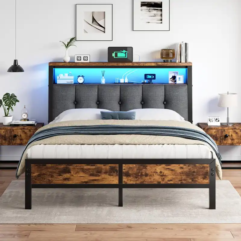 Homkdom Full Size Bed Frame with Charging Station and LED Lights, Grey Upholstered Headboard with 2-Tier Storage Shelves,12" Under-Bed Storage, No Sliding,Noise-Free,Easy Assembly,Vintage Brown