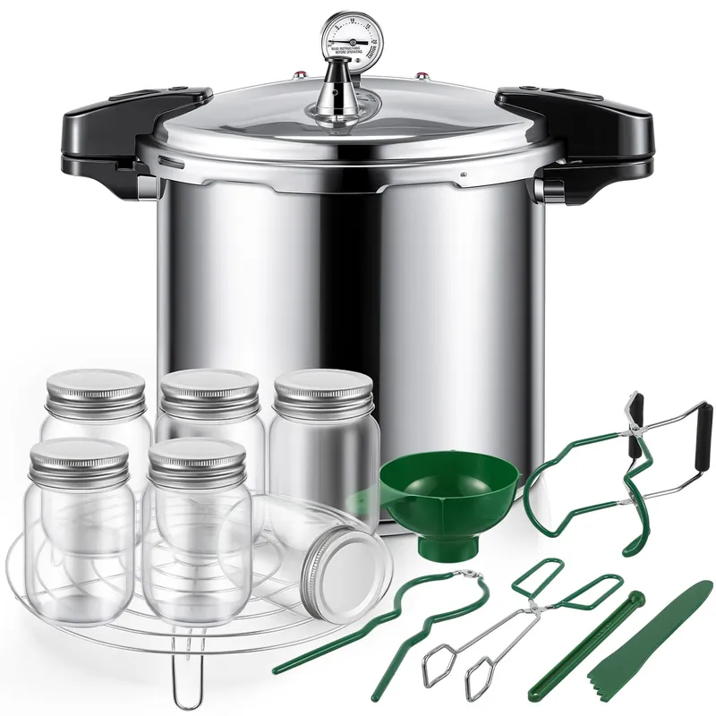 Kritkin 24qt Pressure Cooker with 6 Mason Jars, 6 Canning Supplies with Pressure Panner Stainless Steel Steam Rack Gauge for Canning, Silver
