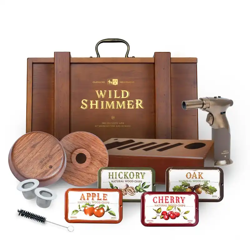 Cocktail Whiskey Smoker Kit with Torch, Wooden Box & Stand Premium USA Walnut Smoker & 4 Flavors Natural Wood Chips Old Fashioned Smoker Kit Bourbon Gifts for Men