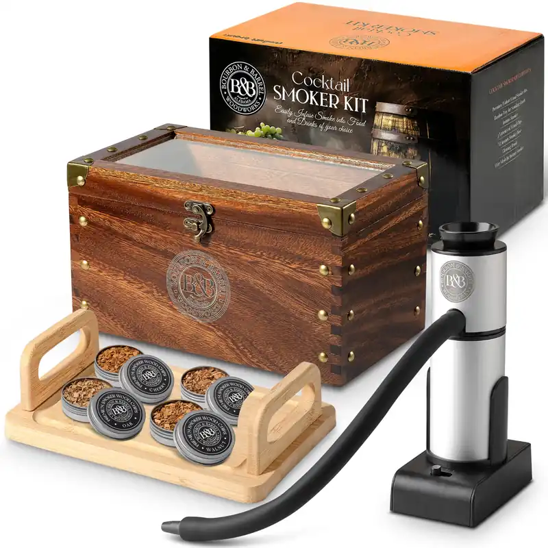 BOURBON&BARREL Cocktail Smoker Kit Crafted with Walnut Wood Whiskey Smoker Kit with Instant Smoker, Smoking Box, Food Tray and 4 Varieties of Wood Chips Old Fashioned Drink Smoker [Walnut]