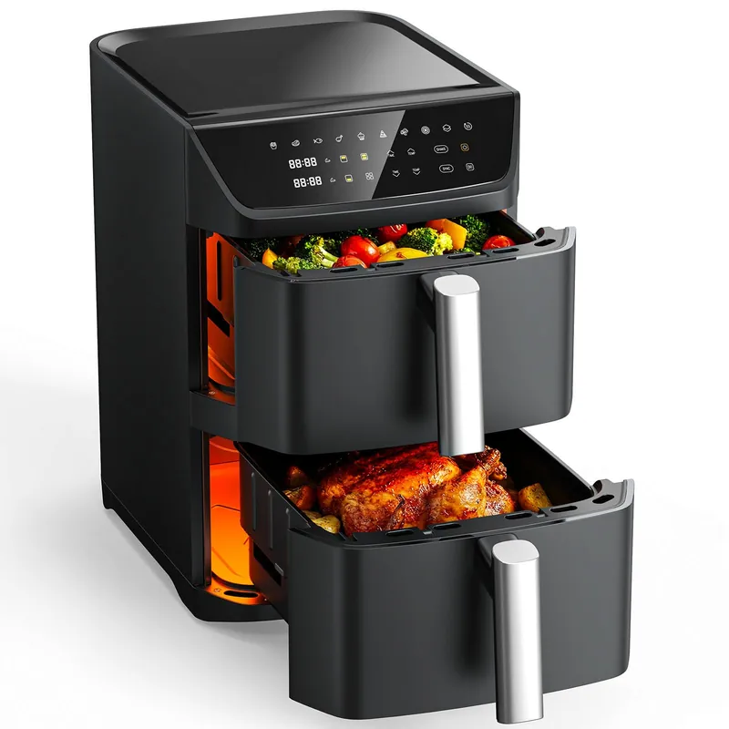 Dual Basket Air Fryer, 12.6QT Family-Size for 10–12 People, XL Basket for 6LB Whole Chicken, DoubleStack Compact Design, 10-in-1 Functions with Reheat, Dehydrate & SyncFinish, Dishwasher-Safe, Black