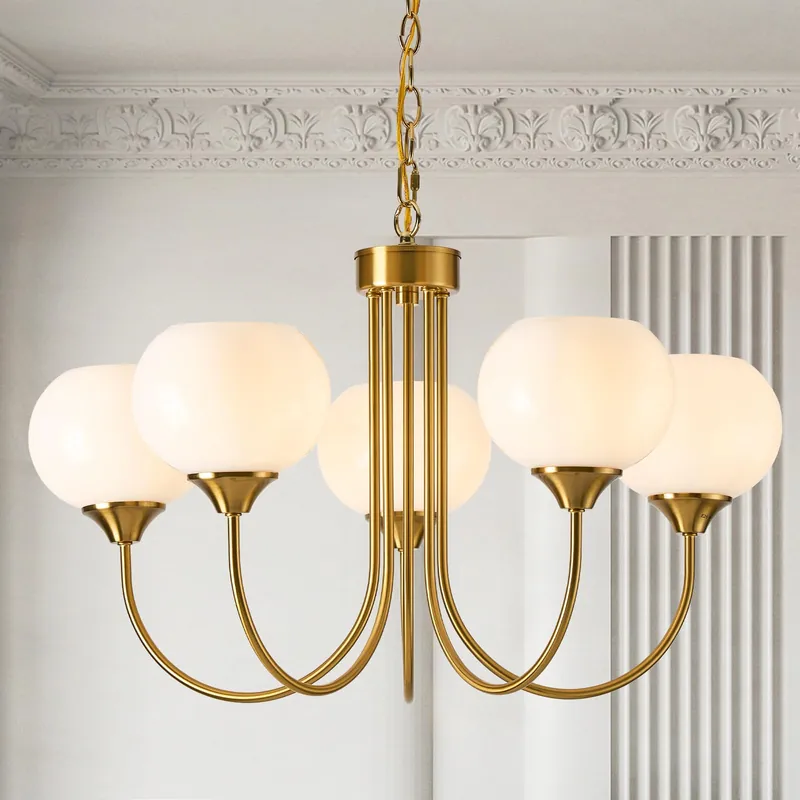 FEAZAC Modern Globe Chandelier 5 Light Mid Century White Milk Glass Vintage Sputnik Hanging Chandeliers Gold Pendant Light Fixtures for Dining Room Kitchen Living Room Bedroom