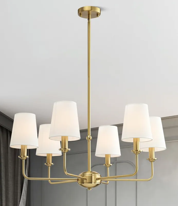 QUENEY 6-Light Brushed Gold Pendant Chandelier with Fabric Shades, E12 Base - Farmhouse & Industrial Style for Kitchen, Living Room, Dining Room, or Bedroom Lighting