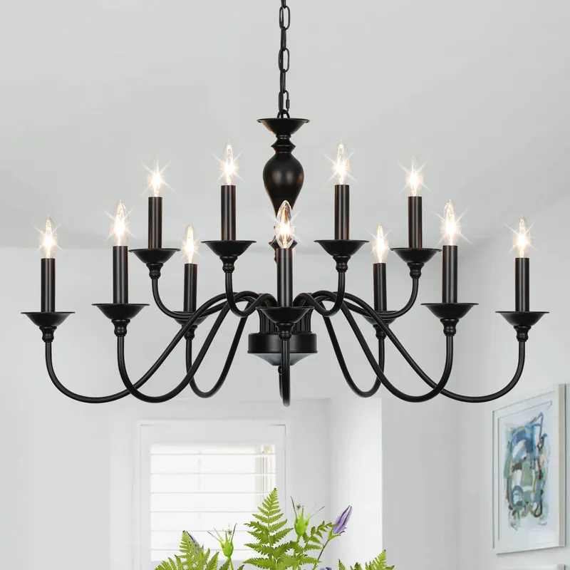 LIGHTDAMY Black Farmhouse Chandeliers for Dining Room Light Fixtures Over Table, 12 Light Industrial Candle Hanging Chandeliers for Living Room Kitchen Island Foyer Staircase
