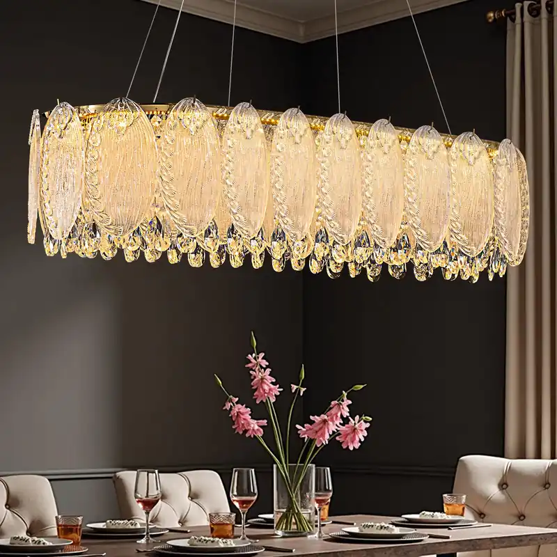 WECHAET Modern Gold Rectangle Chandeliers for Dining Room Kitchen Island Light Fixture, Water Ripple Crystal Glass LED Chandelier for Living Room, 2700K-6000K