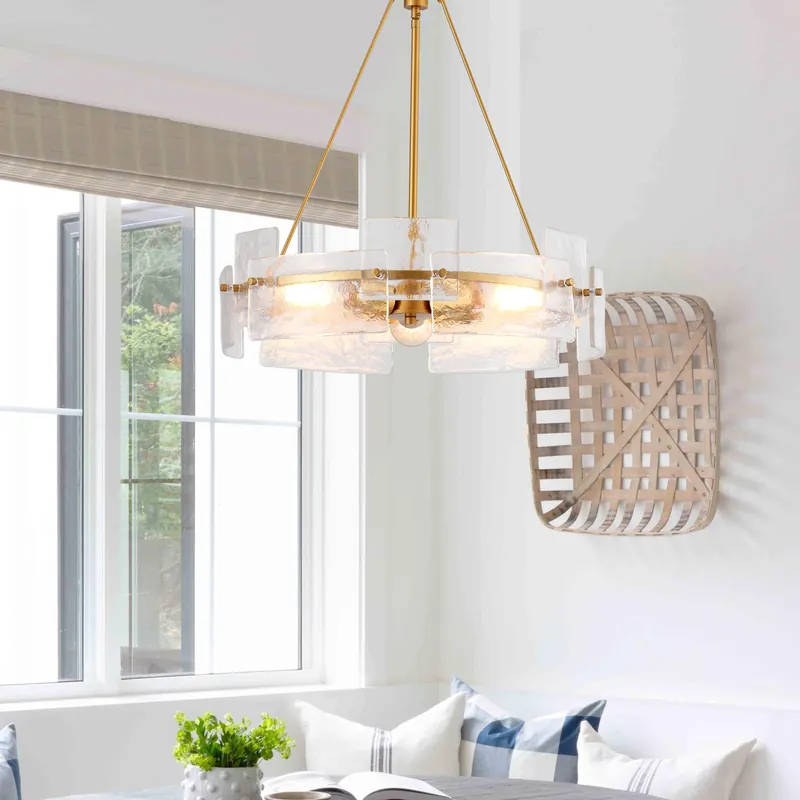 VANZARLA Dia 21 Inch Modern Glass Chandelier for Dining Room, 3-Light Vintage Chandelier for Foyer, Gold Pendant Light for Farmhouse Bedroom Entryway Kitchen