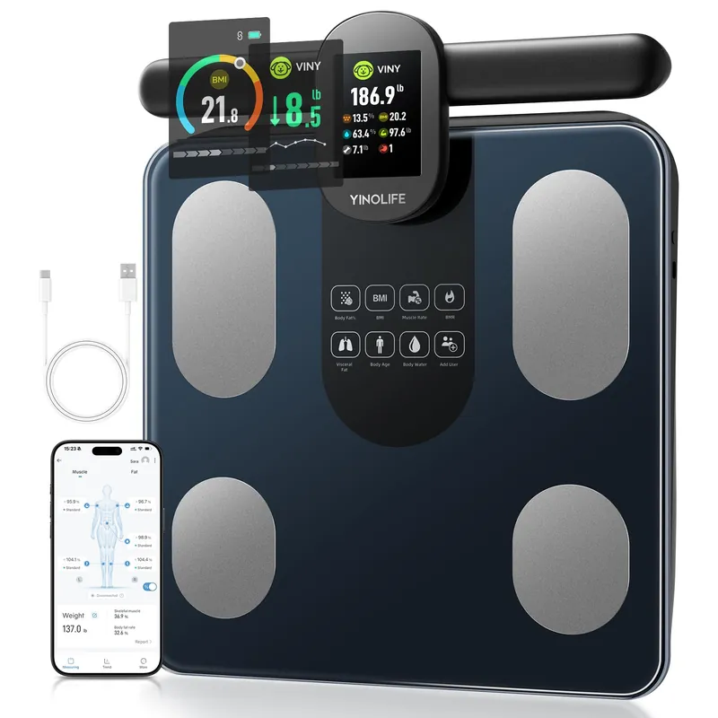 YINOLIFE Scale for Body Weight, 8 Electrode Smart Bathroom Scale with BMI Body Fat Muscle Mass 28 Full Body Composition, High Precision Digital Weight Scale with Handle Display, Rechargeable, 400 lbs
