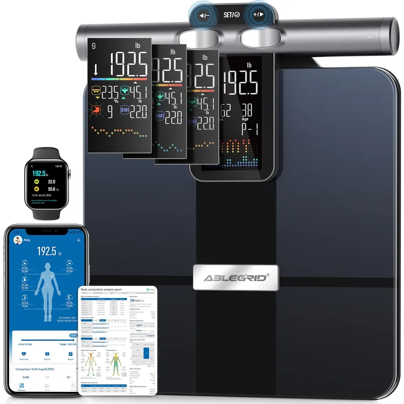 ABLEGRID 8-Electrode Digital Smart Bathroom Scale for Body Weight and Fat Percentage,Full Body Composition Analyzer with Gradient Trends Display,12.2" Platform Handle BMI Weighing Machine,400lb