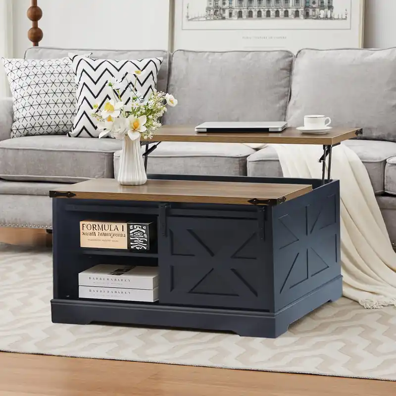 Tltaroni Farmhouse Lift Top Coffee Table, Wood Square Coffee Table with Sliding Barn Door and Adjustable Shelf Rustic Center Table with Hidden Storage Compartment for Living Room, Black