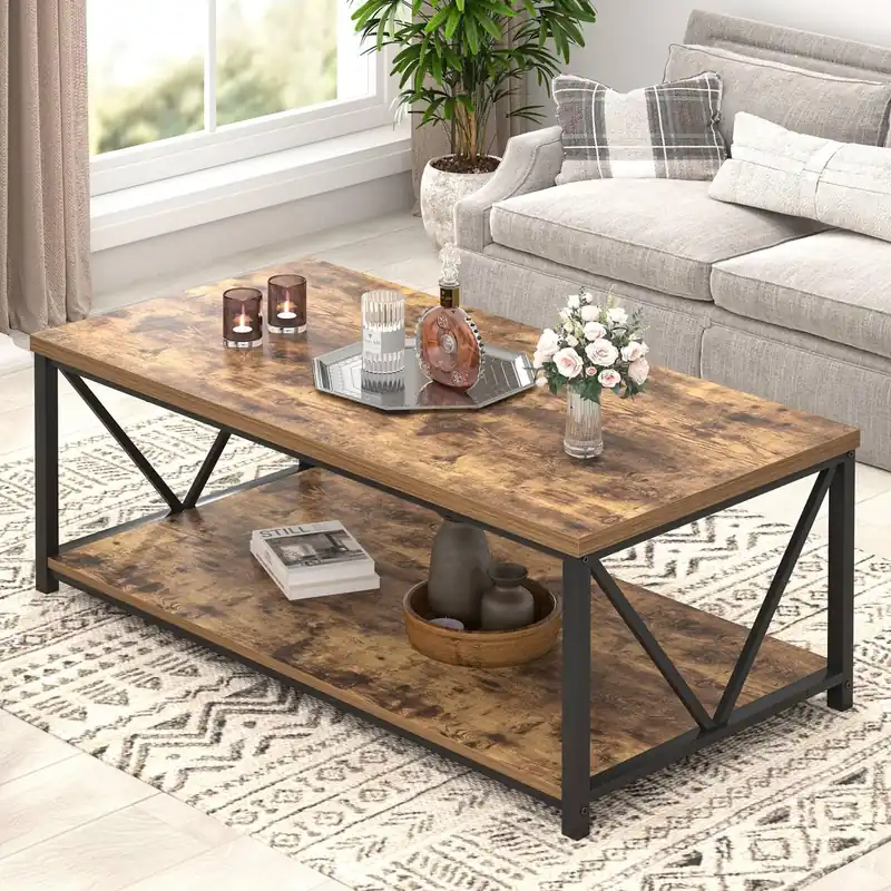 EXCEFUR Modern Coffee Table, Rustic Wood and Metal Living Room Table with Storage Shelf, Industrial Rectangle Center Table, 47 Inch Brown