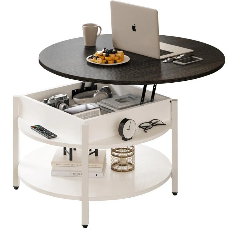 FABATO Round Lift Top Coffee Table with Storage and Hidden Compartment, 26.77‘‘ Farmhouse Coffee Table for Living Room Reception Room, 2 Tier Small Round Coffee Table Circle Dining Table, White