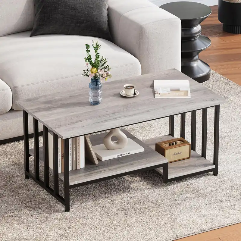 Masigle Coffee Table, 2-Tier Coffee Table with Storage, 39.4" Farmhouse Wooden Center Table, Easy to Assemble, for Living Room, Wash Gray