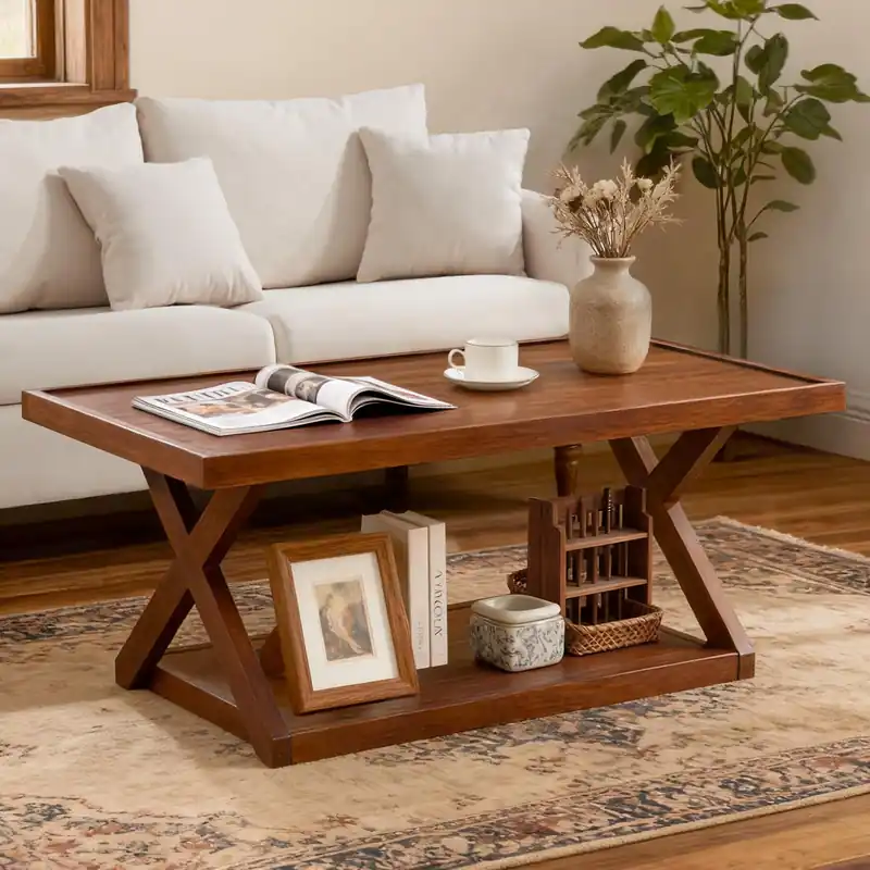 BECHAEO Solid Oak Coffee Table for Living Room, 2-Tier Wooden Coffee Table with Storage Shelf, Modern X-Shaped Base, Heavy Duty 400 lbs Center Table for Home