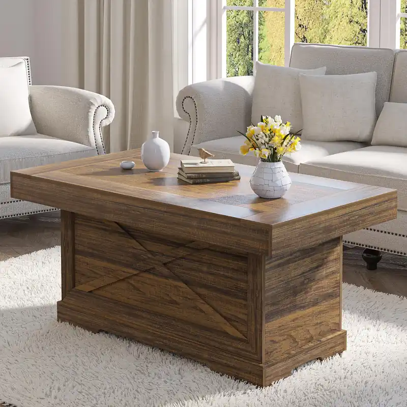 Lareth Coffee Table 39 in Rustic Center Table with X-Design Wooden Pedestal for Living Room, Space Saving, Rectangle Home Office Tea Accent Table for Dining Room Apartment, Walnut
