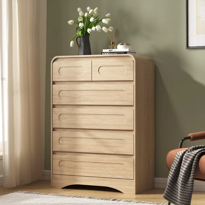 SOLACE FURNITURE Tall Dresser for Bedroom, Dresser for Closet w/Pre-Installed Slides, Modern Wood Chest of Drawers with Curved Design and 6 Drawer Vertical Storage for Bedroom or Hallway, Natural Oak