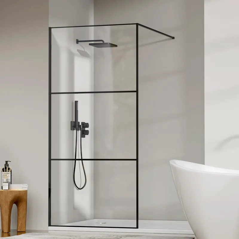 Findepot Fixed Shower Glass Panel 36" W × 75" H, 1/5"(5mm) SGCC Clear Tempered Glass Shower Door, Framed Bathroom Shower Screen, Matte Black, Adjustable Support Bars & 3 Pieces Divided Pattern