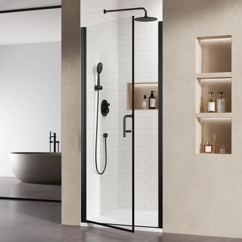 Pivot Shower Door,34 in. W x 72 in. H Hinged Single Panel Swing Glass Shower Door with SGCC 1/4" Clear Tempered Glass Reversible Installation Matte Black Handle Glass Door