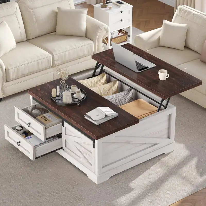 Itaar 39.4‘‘ Lift Top Coffee Table with Storage, Farmhouse Coffee Tables for Living Room, Square Coffee Table with Large Hidden Compartment & 2 Drawers & Adjustable Shelves, White