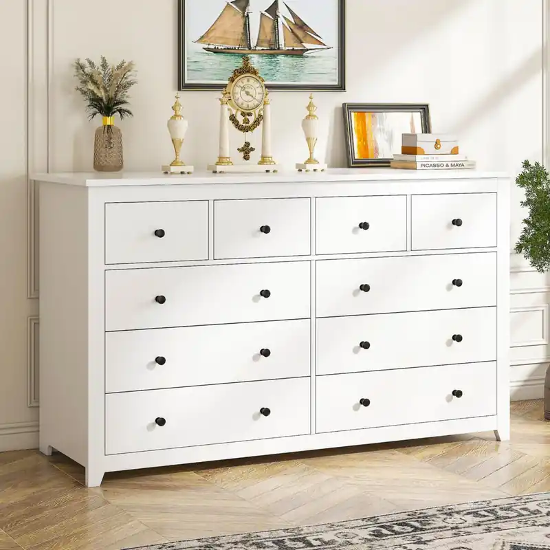 EnHomee 10 Drawer Dresser for Bedroom, Large Dressers & Chests for Bedroom,Modern White Wood Dresser for Clothes and Office Supplies, Multifunctional as TV Stand, Entryway Organizer Storage Cabinet