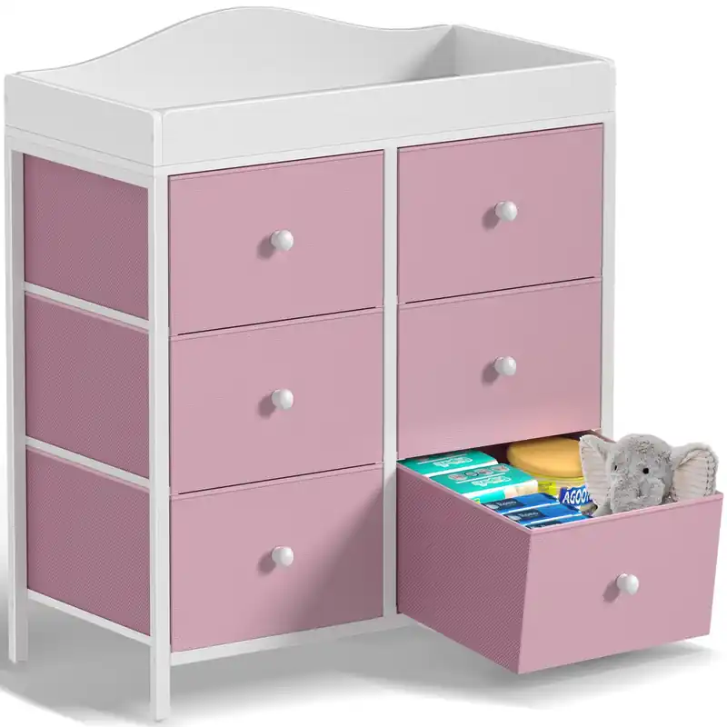 BOLUO Changing Table Dresser with 6 Fabric Drawers, Baby Dresser with Changing Table Top Diaper Changing Station with Storage for Nursery Modern Pink