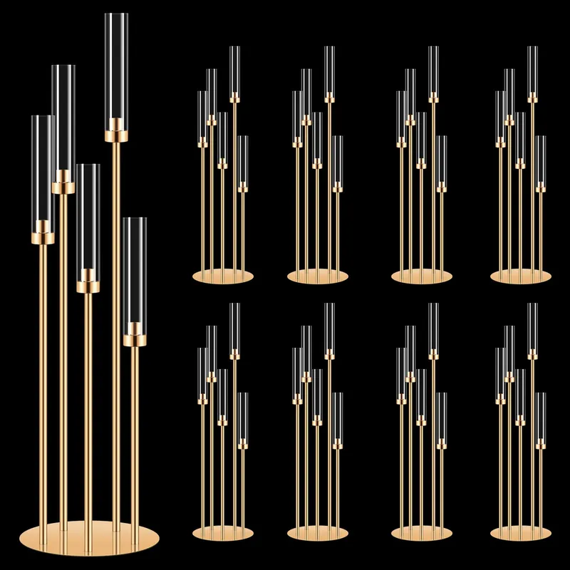 8 Set 5 Arm Golden Candle Holder with Acrylic Lampshade, 41.3‘‘ Tall Candlesticks Holder for Christmas Wedding Housewarming Gift,Metal Candle Holders Candlestick Centerpiece,Fit 0.87‘‘ LED Candle